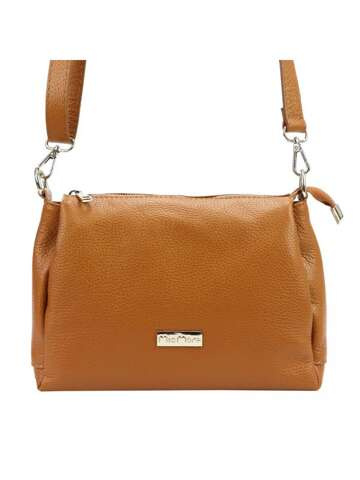 Dámská Kožená Kabelka MiaMore 01-002 DOLLARO v Barvě Camel se Stříbrnými Kováními - Střední Velikost, Přes Rameno, Crossbody